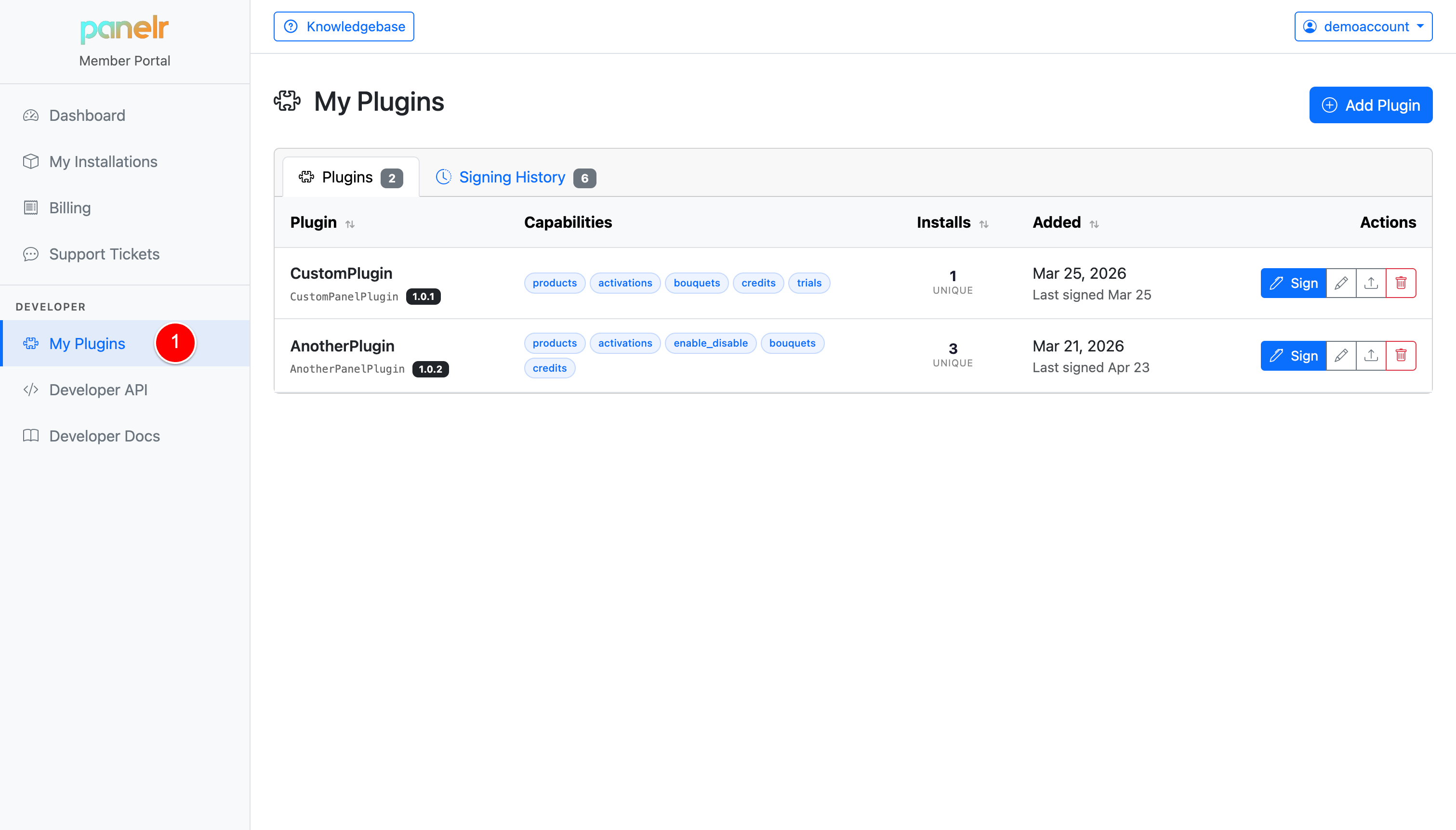 My Plugins dashboard showing two plugins with capabilities, install counts, and sign actions