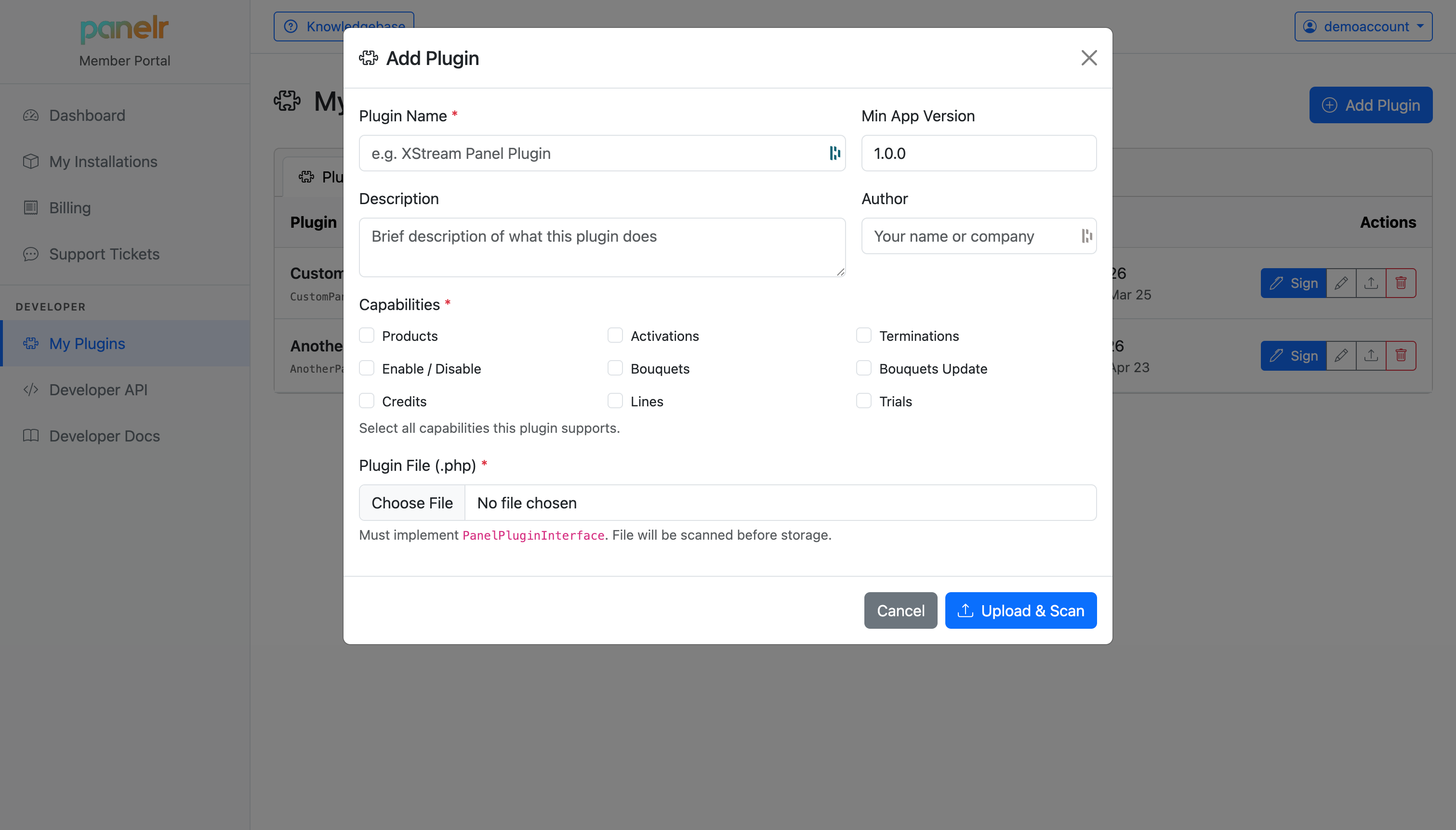 Add Plugin dialog with fields for name, version, description, capabilities, and file upload
