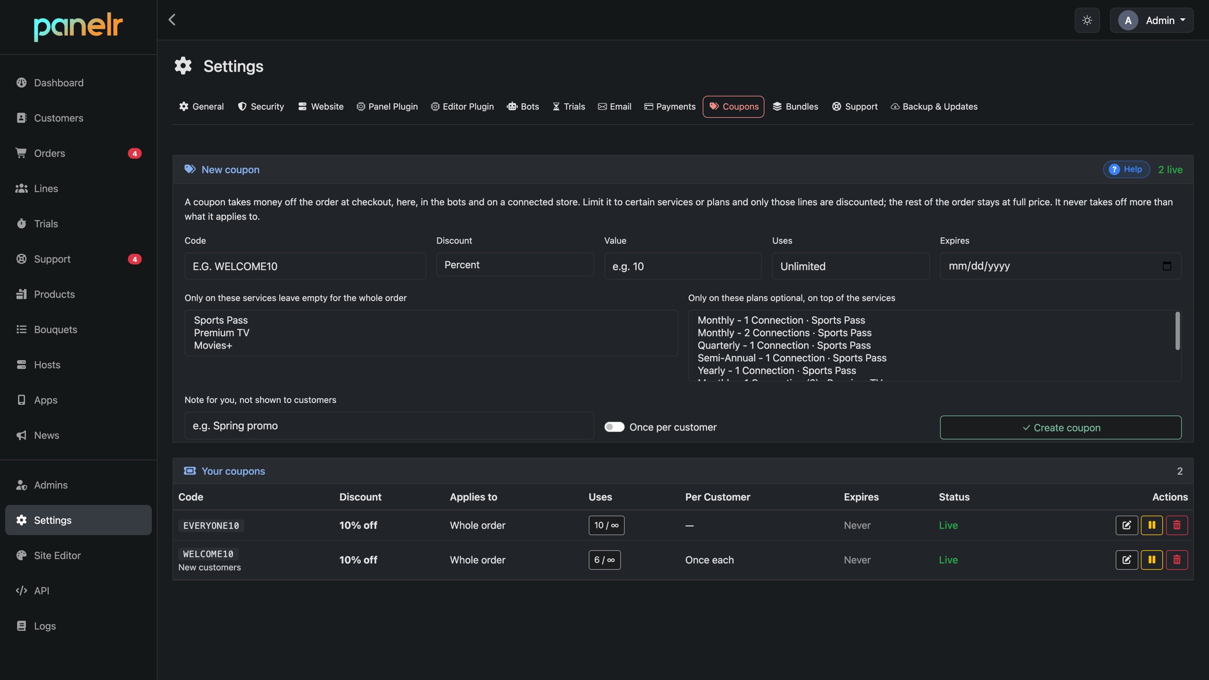 Coupons in the Panelr admin, with their limits and uses