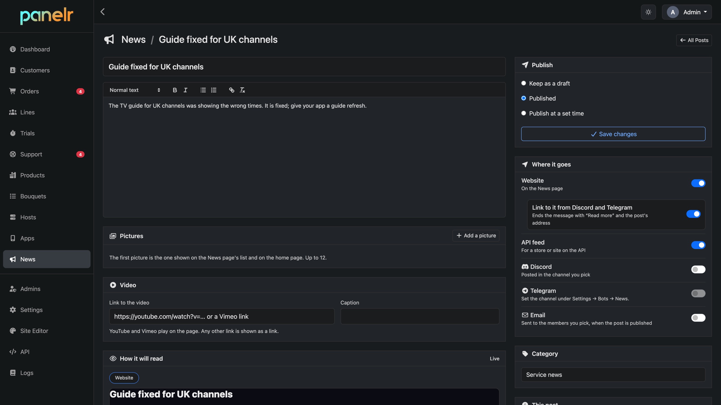 A news post in the Panelr admin, set to go to the website, API, Discord, Telegram and email
