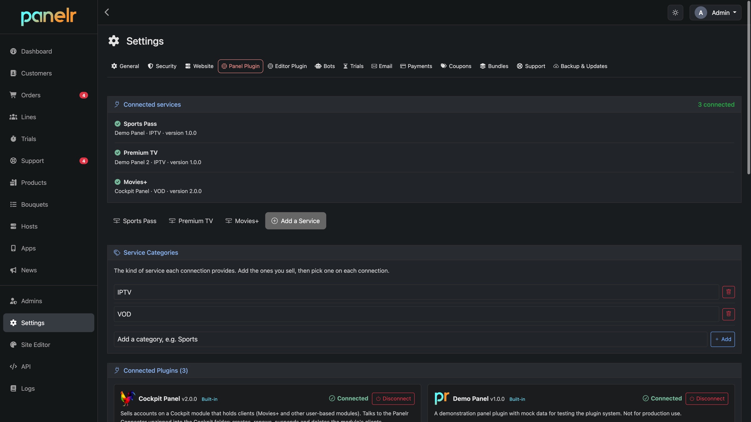 Connected services and their plugins in Panelr