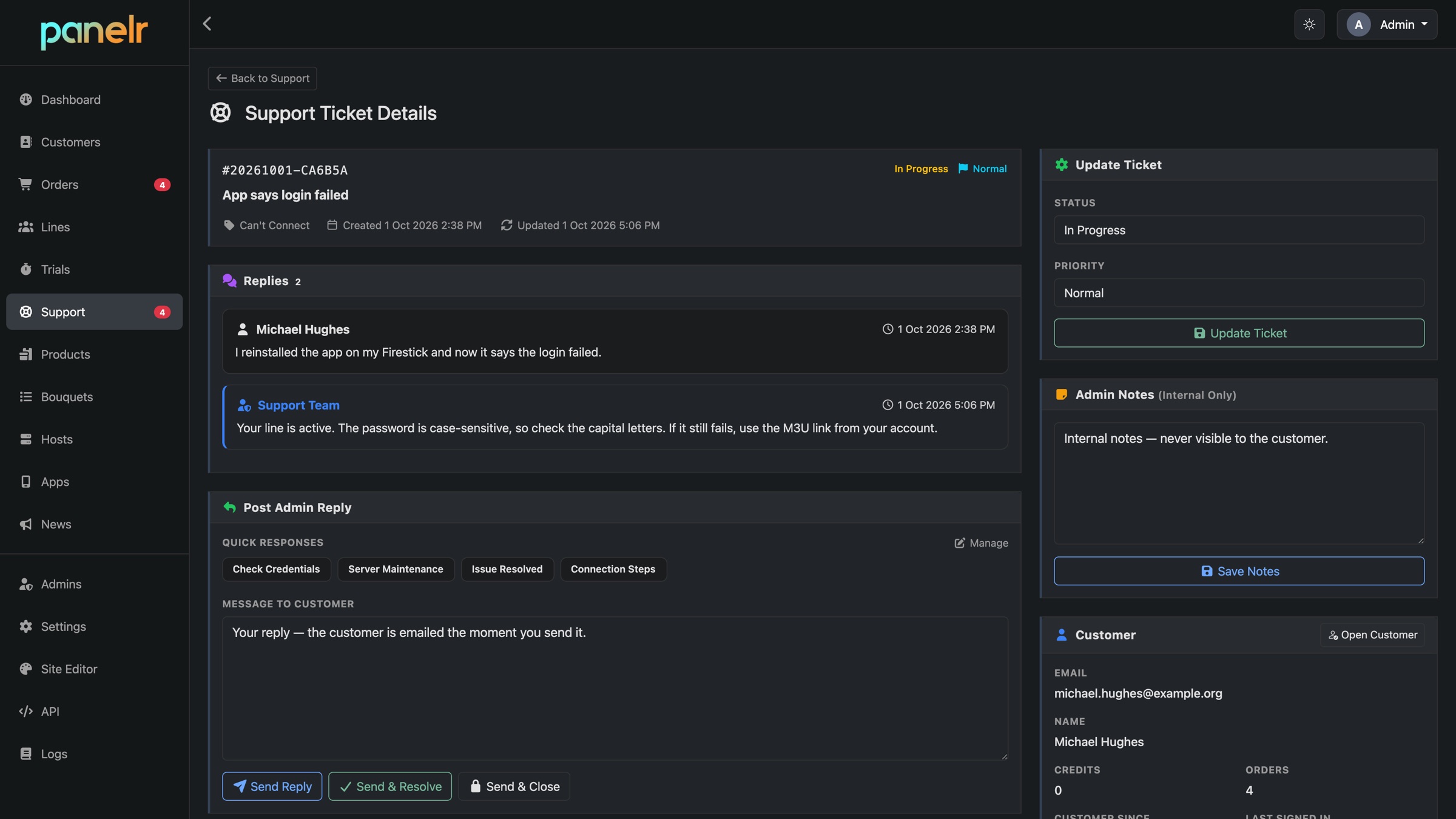 A ticket in the Panelr admin