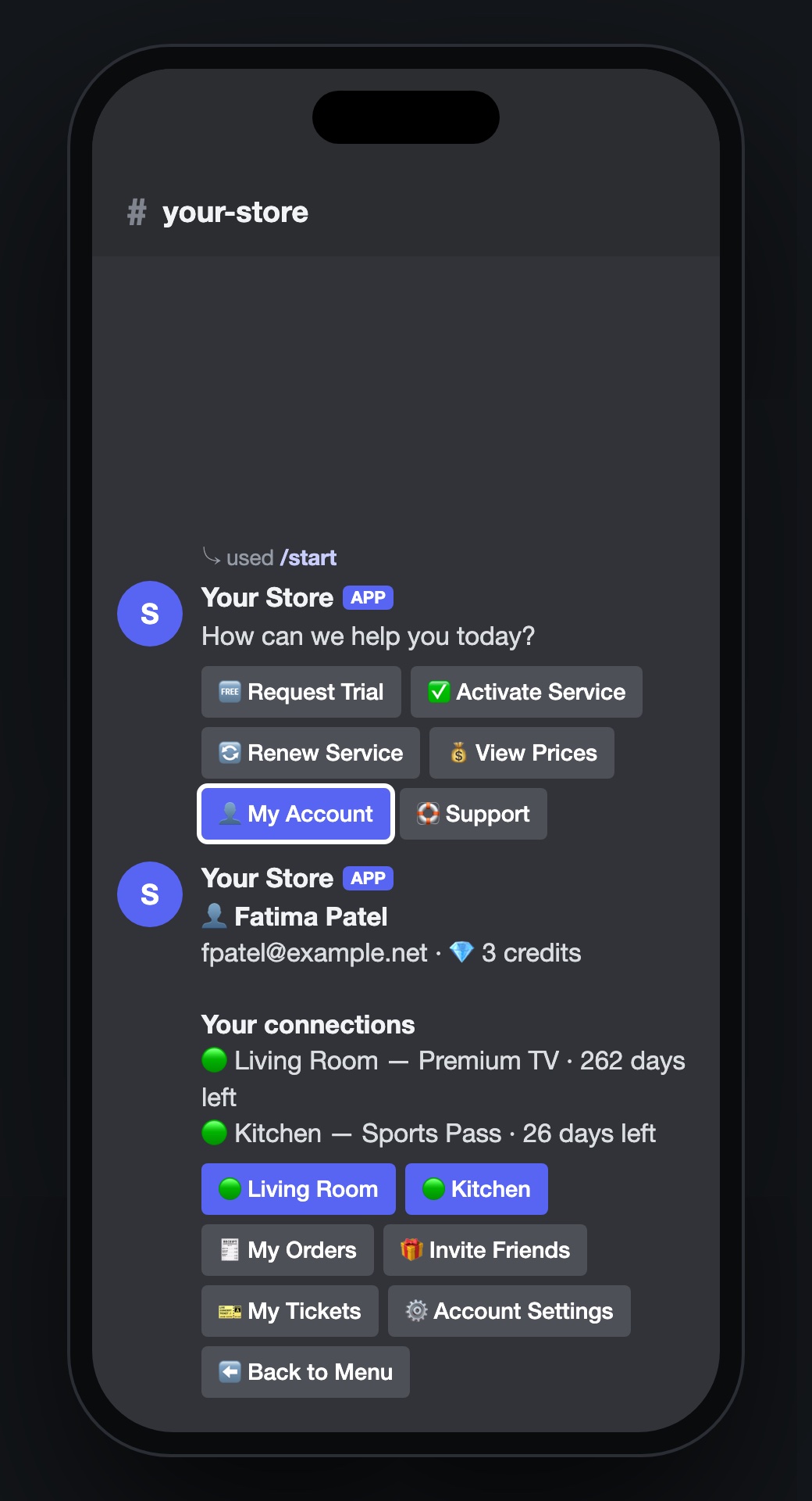 A member's account in the Discord bot: their connections, orders, invite code, tickets and settings