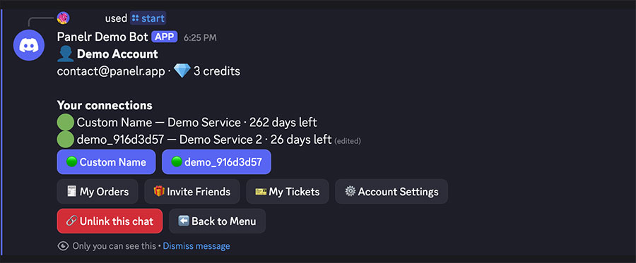 A member's account in the Discord bot: connections, orders, invites, tickets and settings