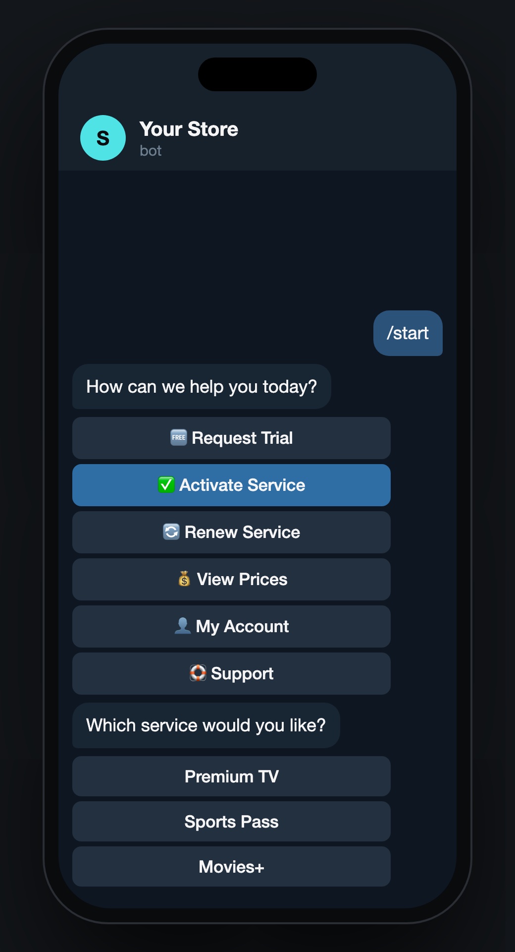 The bot's menu in Telegram: request a trial, activate, renew, prices, account and support
