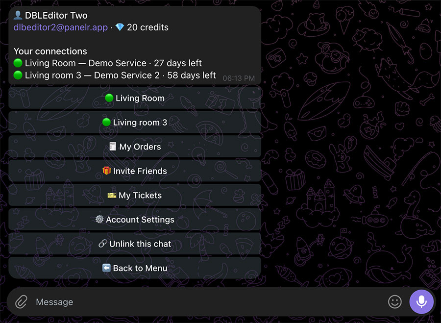 The Panelr Telegram bot showing a member's connections