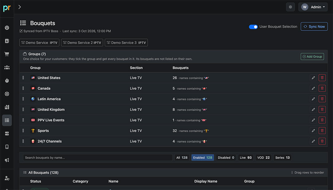 Bouquets synced from a playlist editor in Panelr