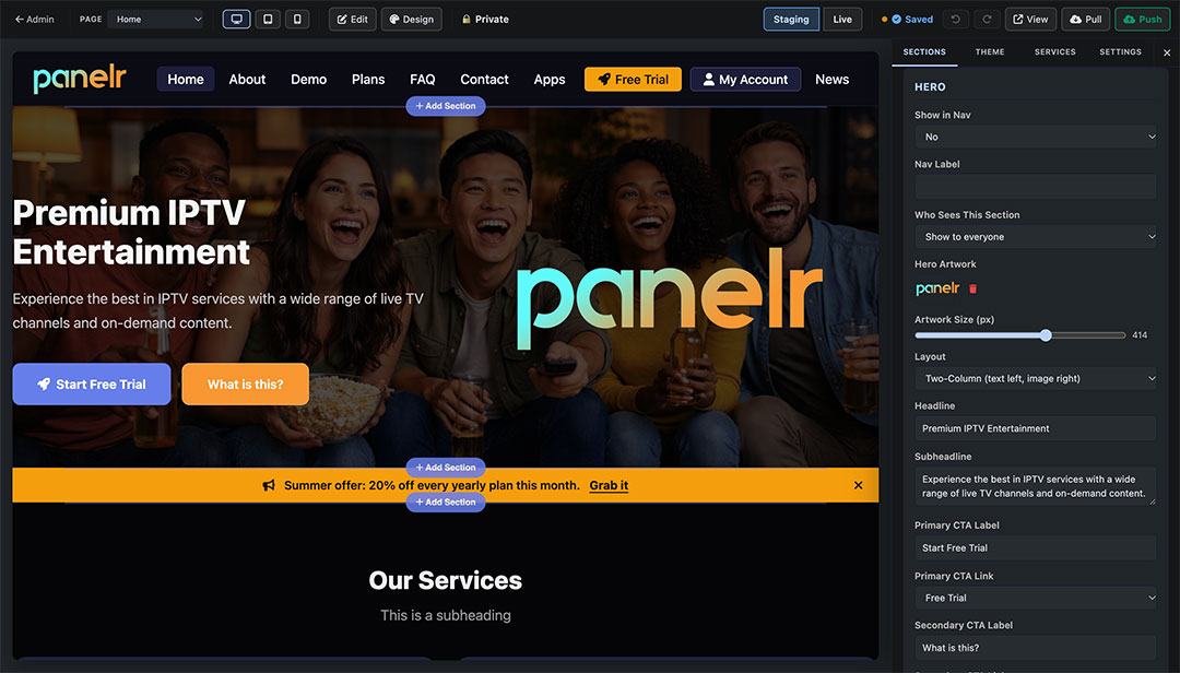 The Panelr site editor with the hero section open