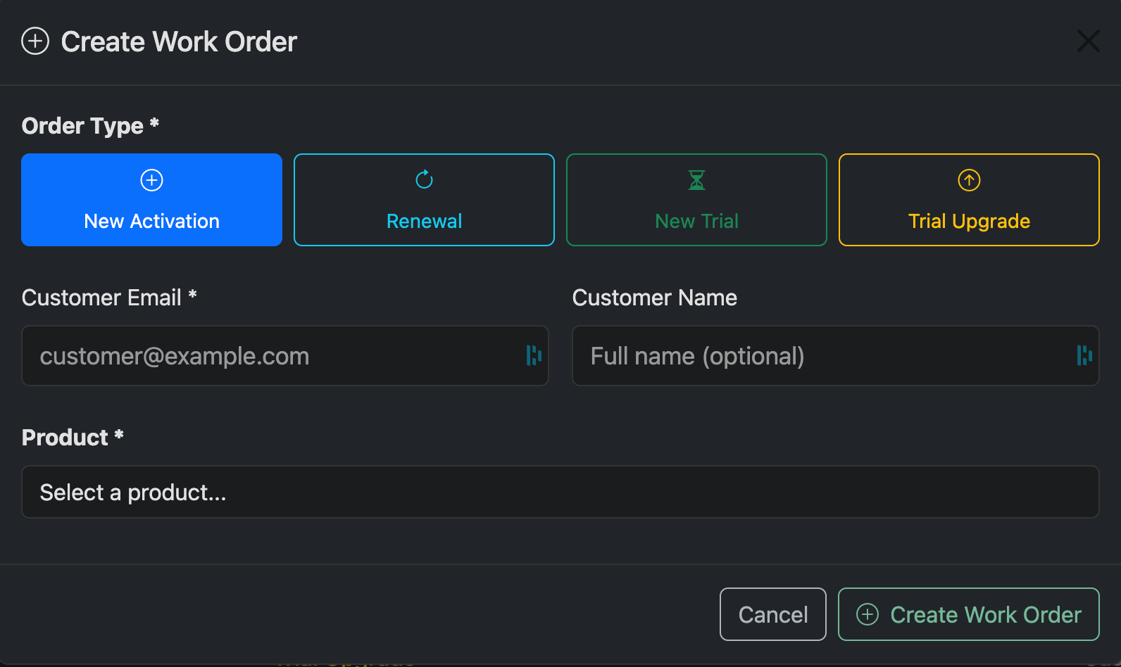 Choose the Type of Work Order