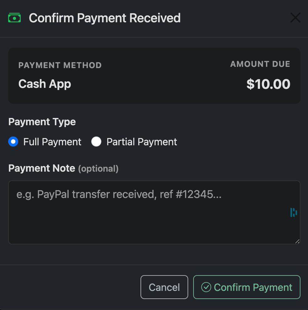Confirm Payment Received