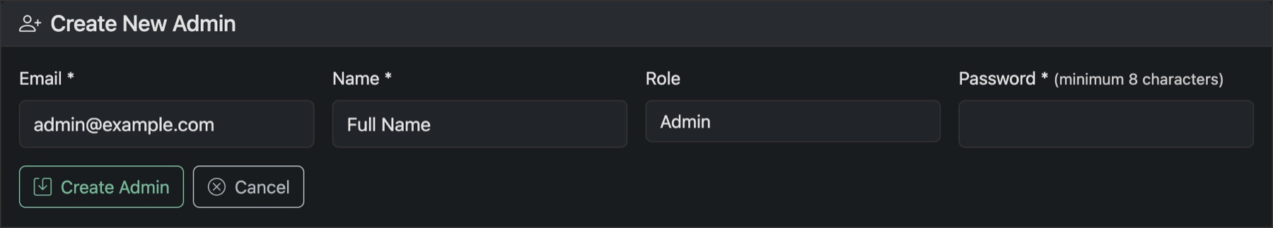 The Create New Admin form: email, name, role and password