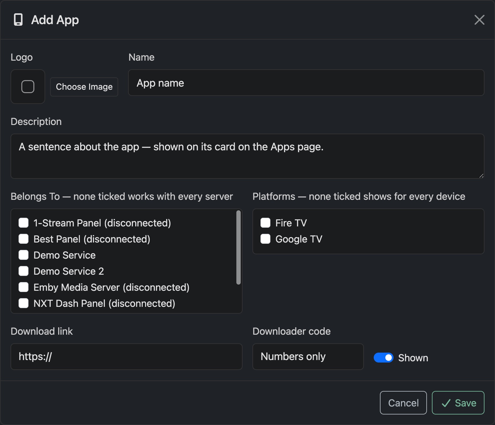 The Add App dialog: logo, name, services, platforms, download link and Downloader code