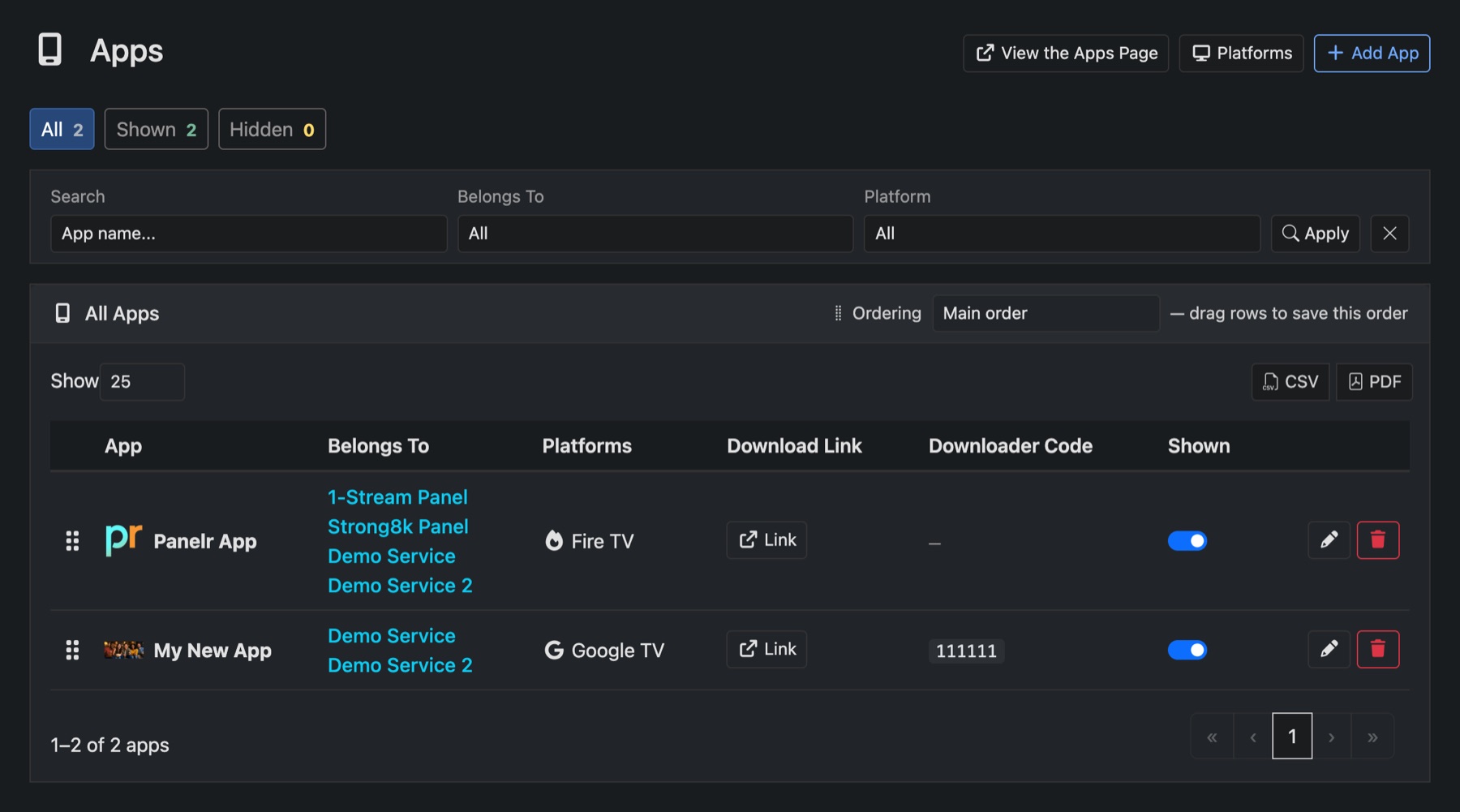 The Apps page in the admin: each app, its services, platforms and download link
