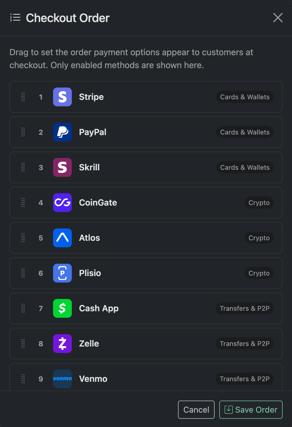 Drag and Drop to Reorder Payment Methods