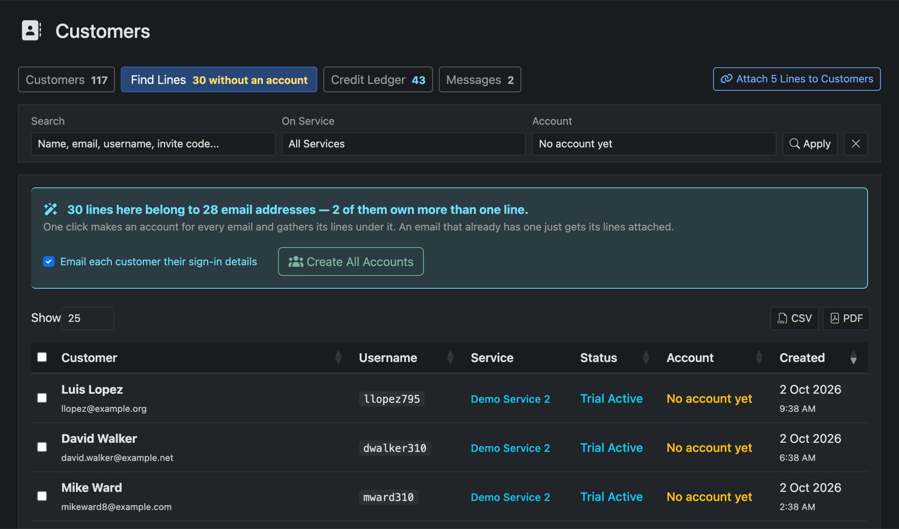 The Find Lines tab with Create All Accounts and the list of lines without an account