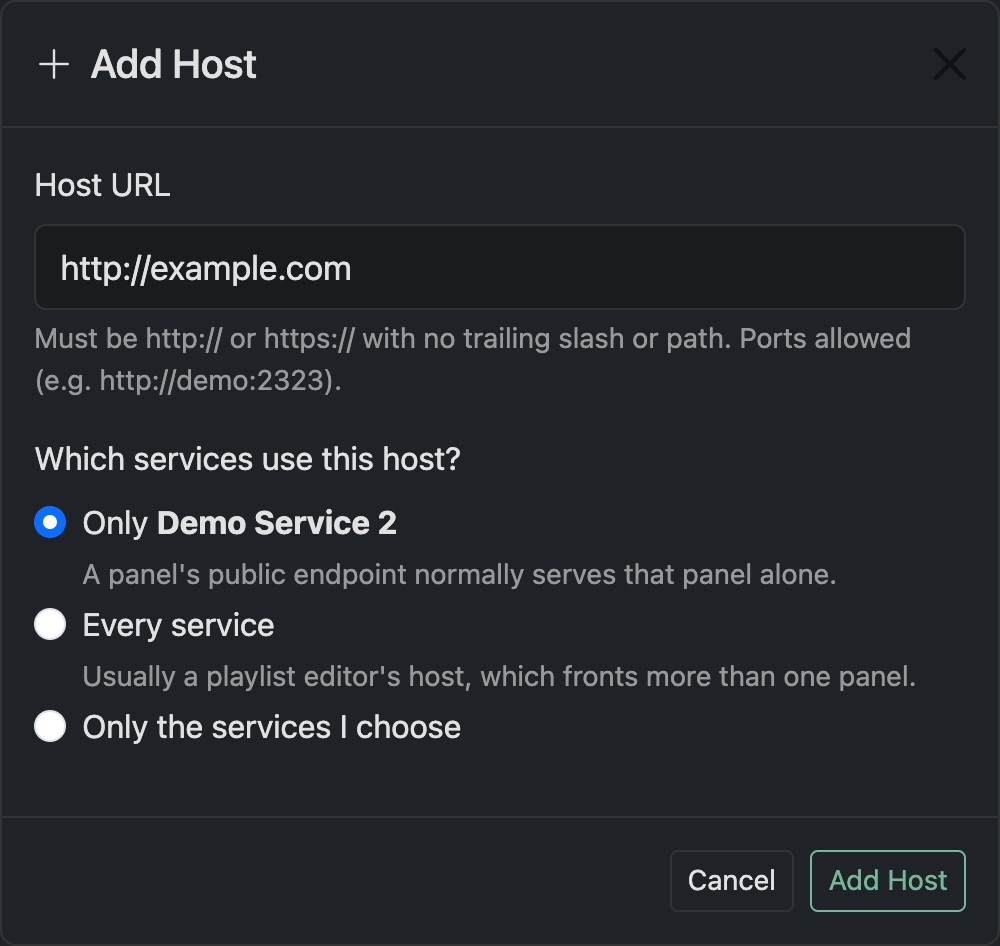 The Add Host dialog: the address and which services use it
