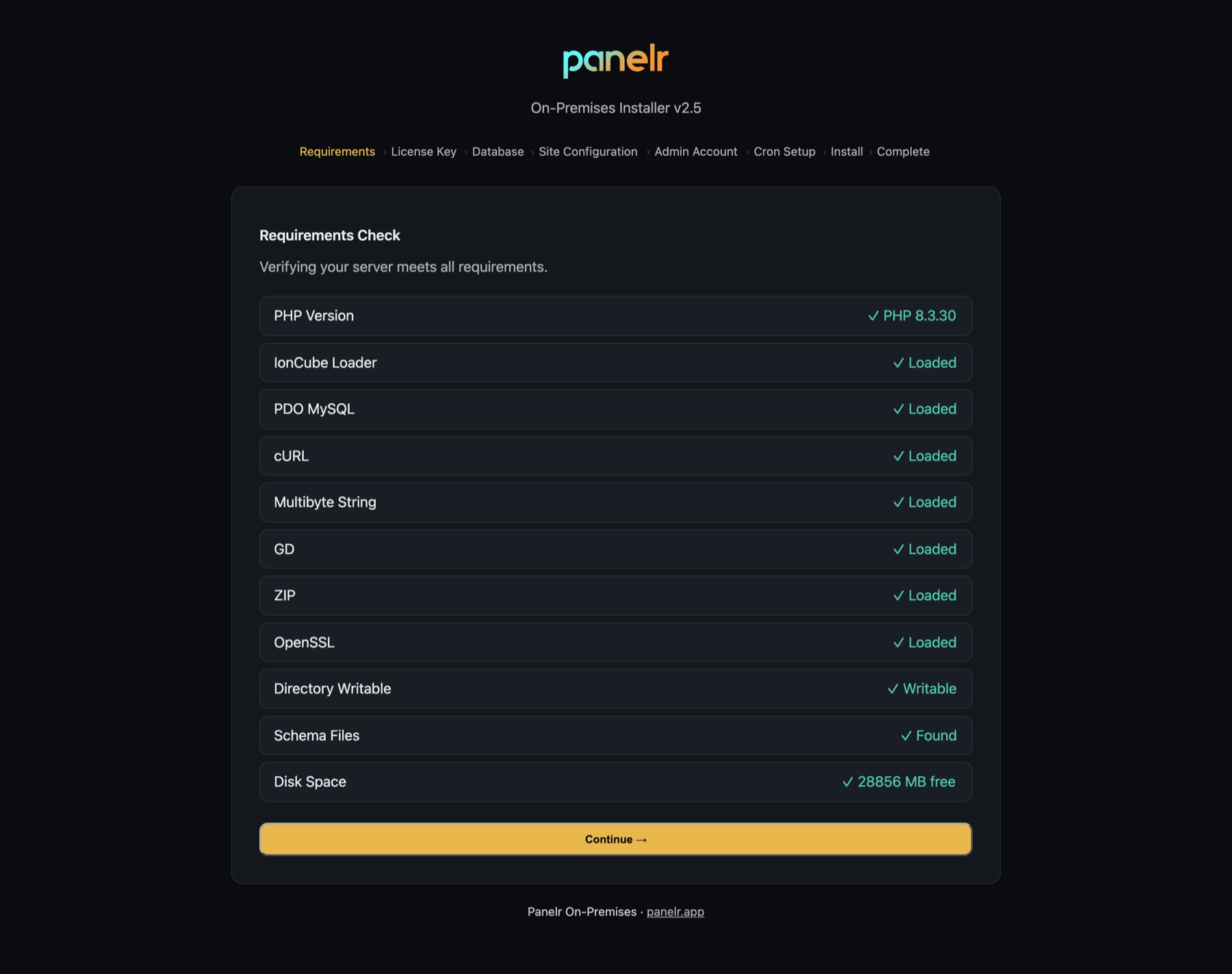 The Panelr installer: the requirements check, the first of its steps