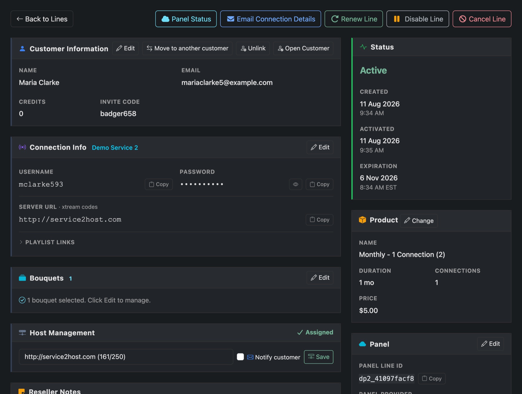 A line page: customer, connection details, bouquets, host, status and product