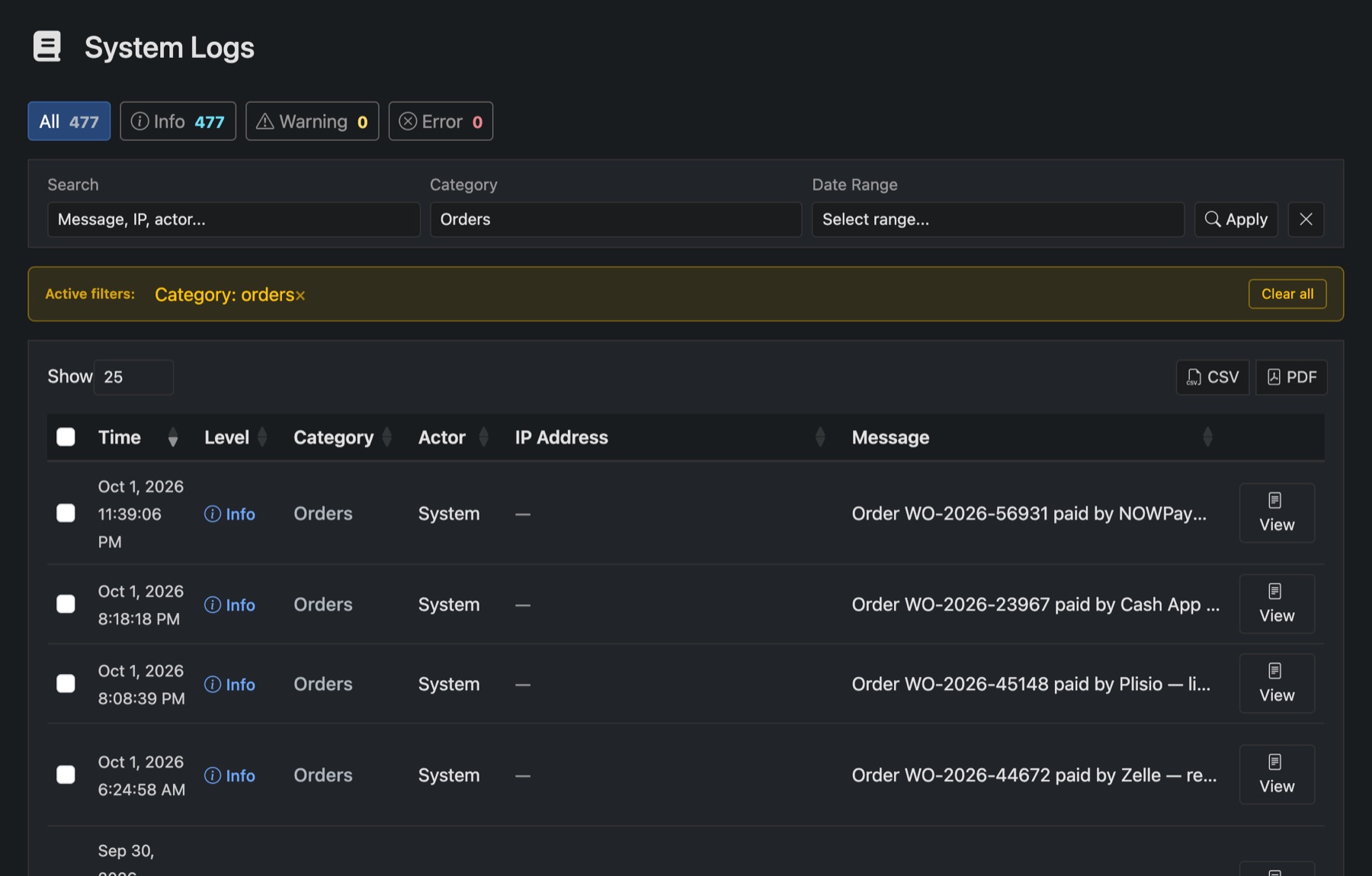 The Logs page filtered to orders: time, level, category and message