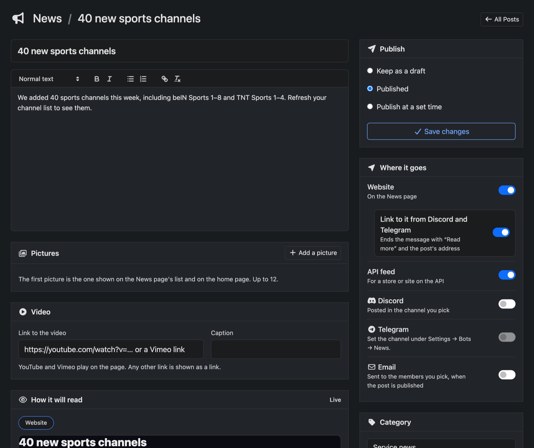 Editing a post: the text, pictures, the preview, and where it goes