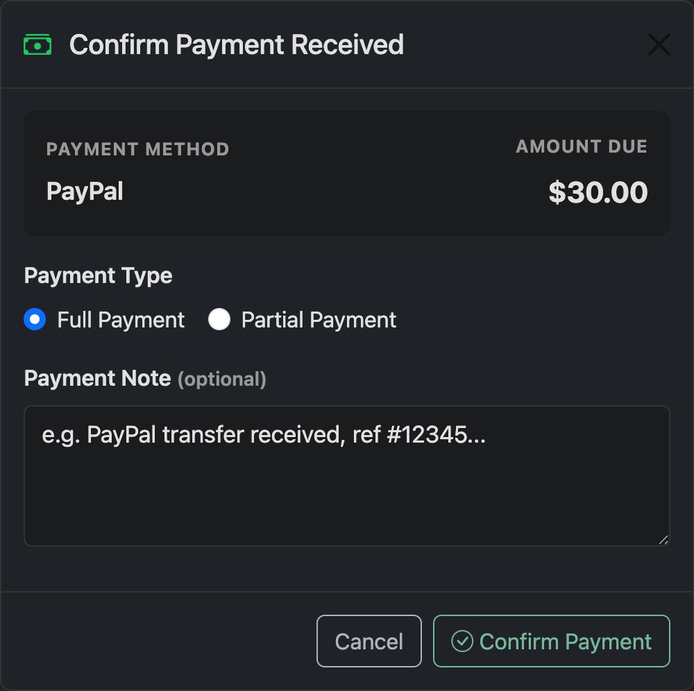 The Confirm Payment Received dialog with Full or Partial Payment