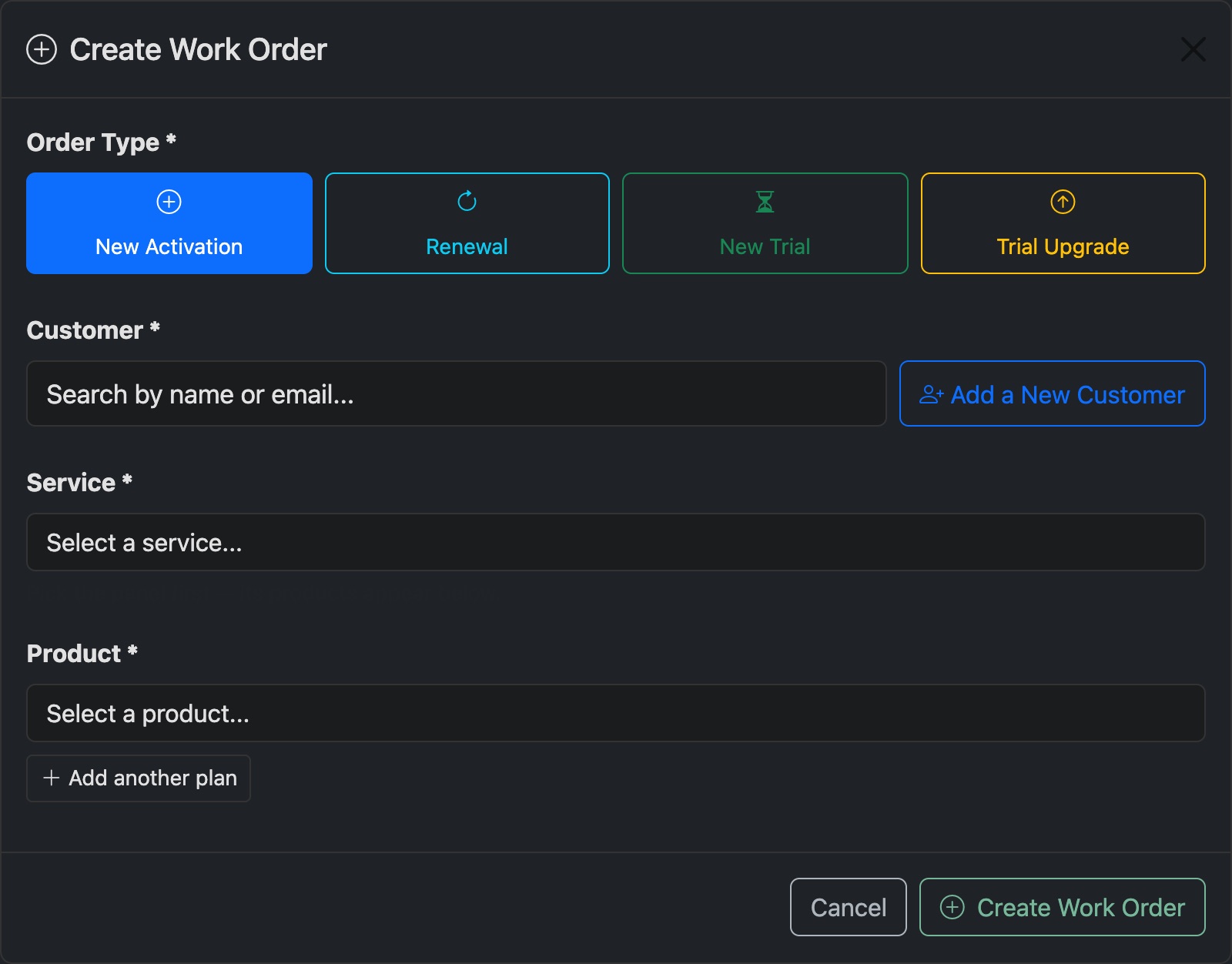 The Create Work Order dialog: order type, customer, service and product