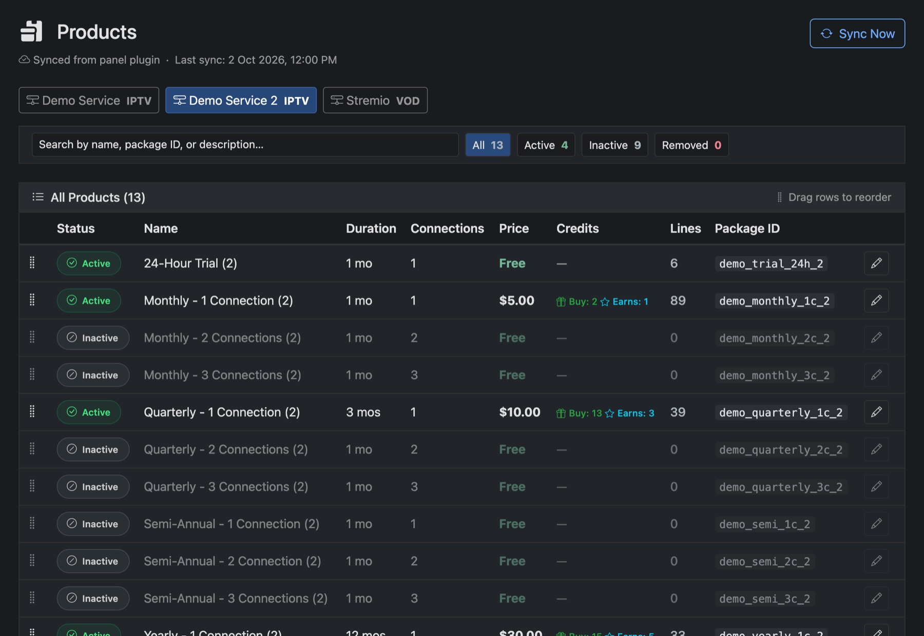 The Products page for one service: plans, prices, credits and how many lines each has