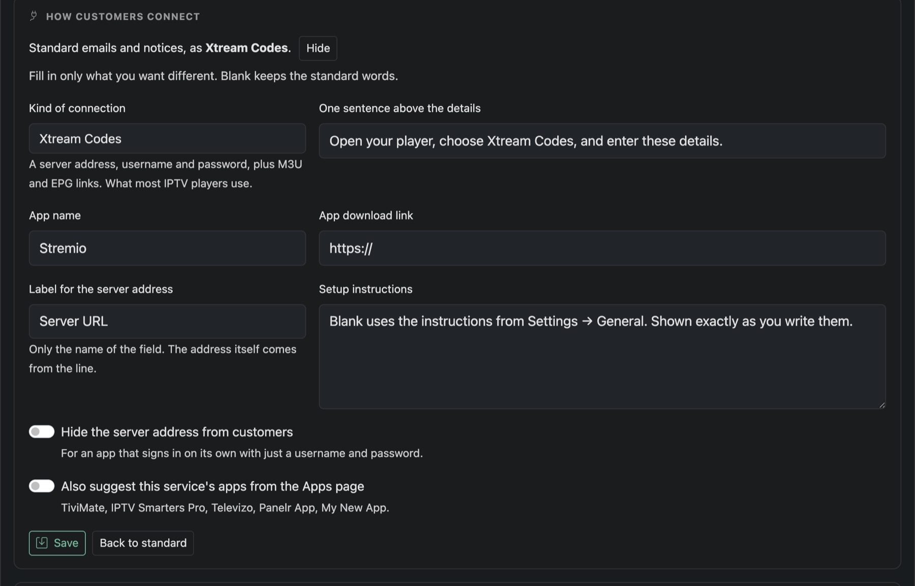 How Customers Connect: kind of connection, app name and link, setup instructions