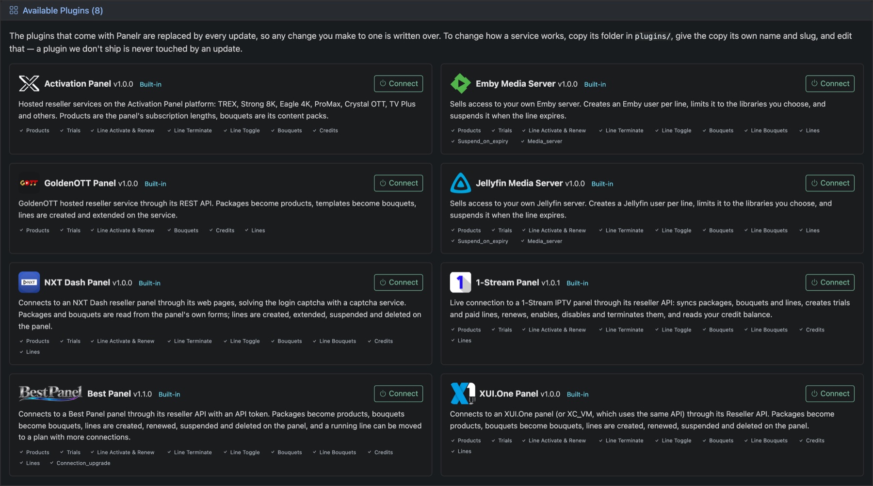 Add a Service: the list of panels you can connect
