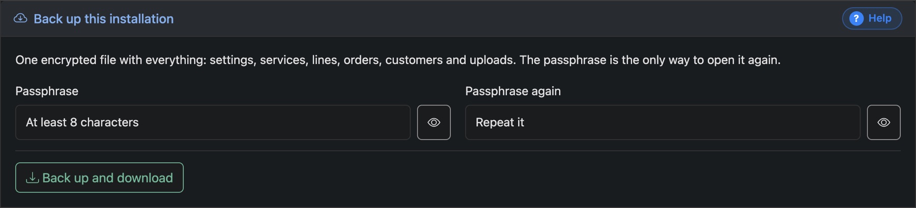 Back up this installation: a passphrase, typed twice, then download