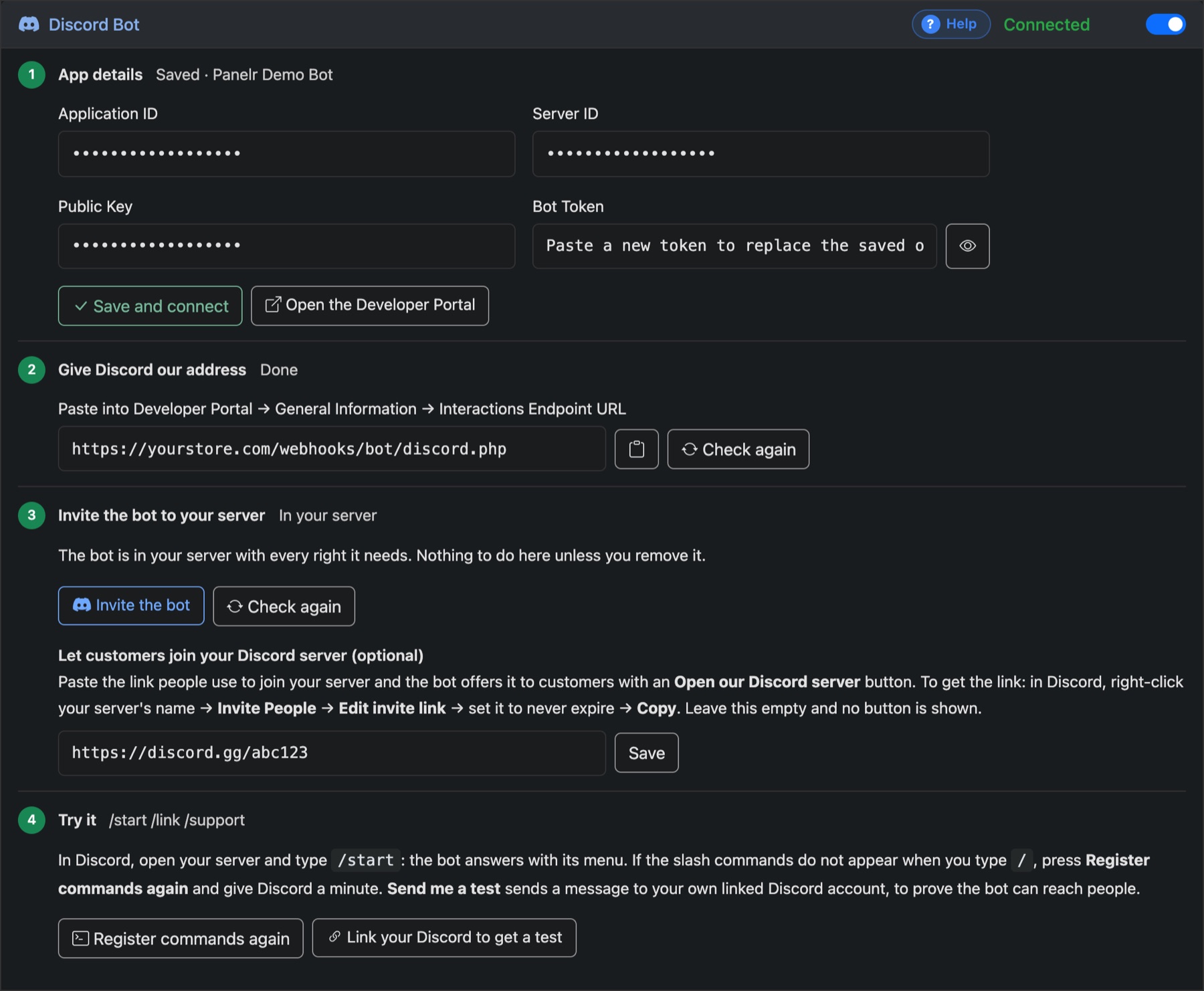 The Discord Bot card: app details, the address for Discord, inviting the bot, and trying it
