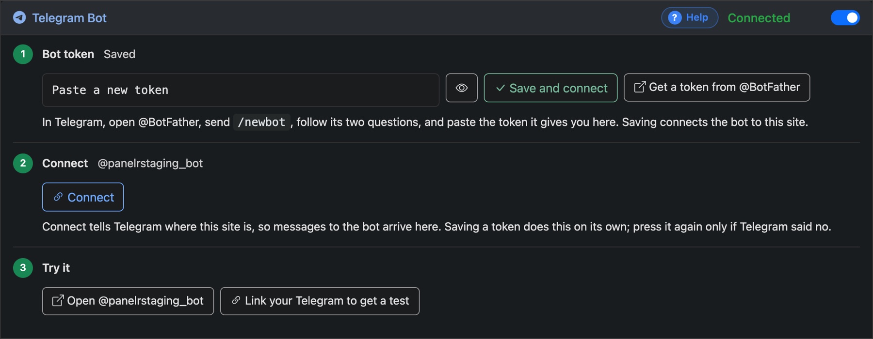 The Telegram Bot card: the token, connect, and try it