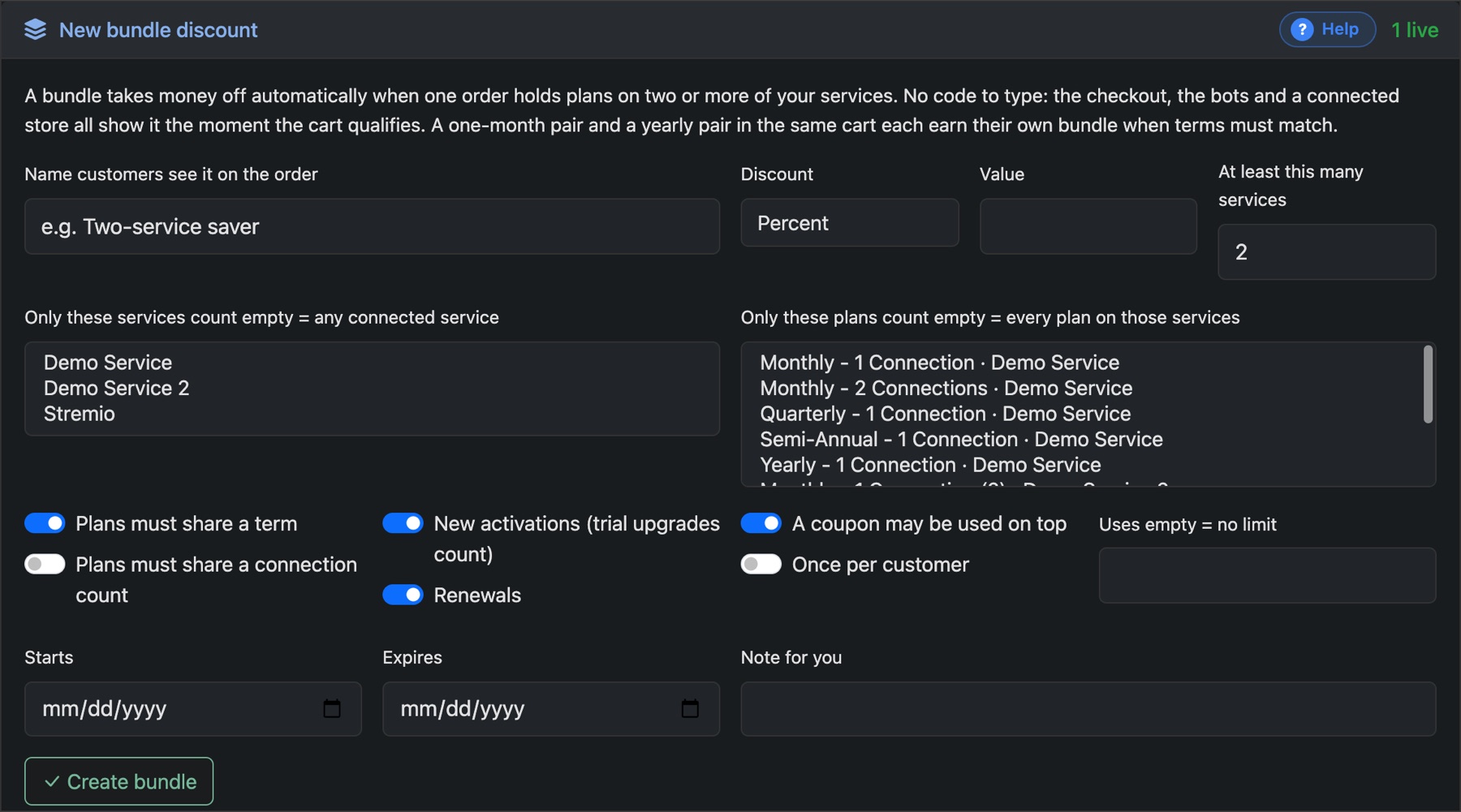 New bundle discount: the discount, how many services, which plans, and when it applies