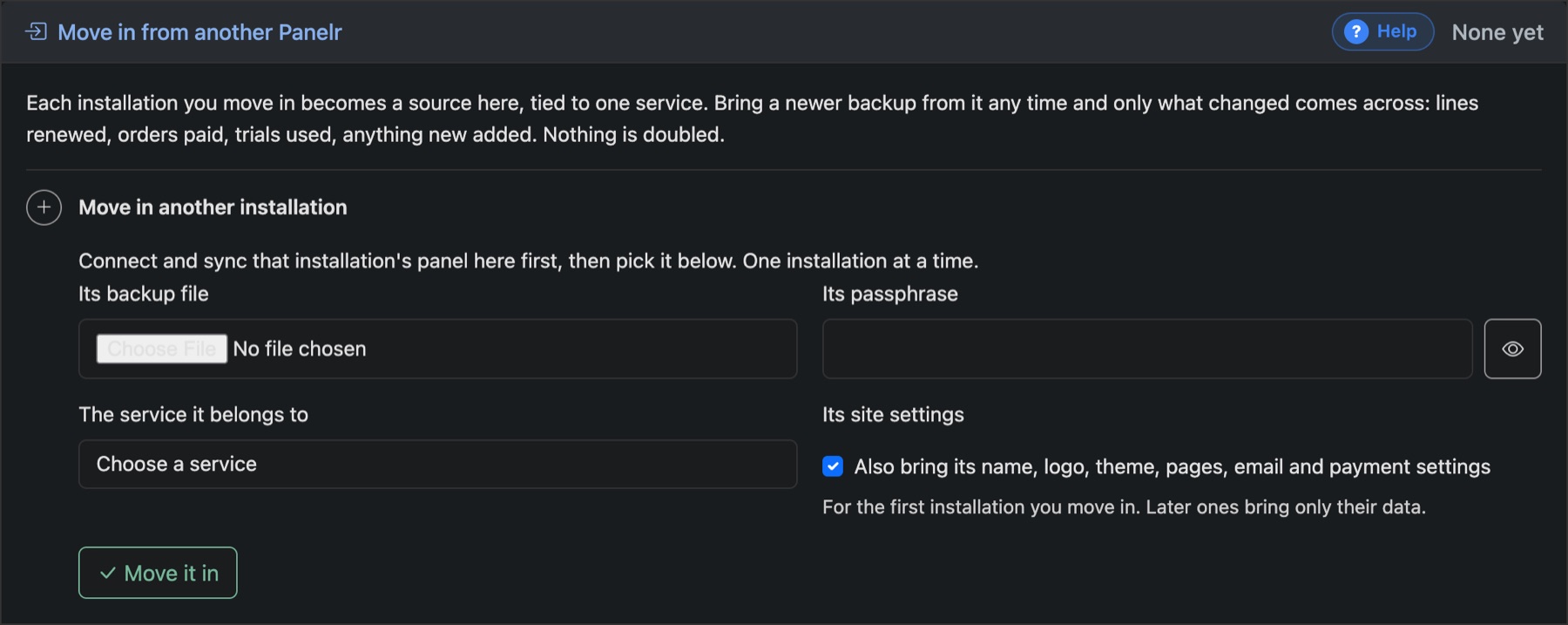 Move in from another Panelr: the backup file, its passphrase and the service it belongs to