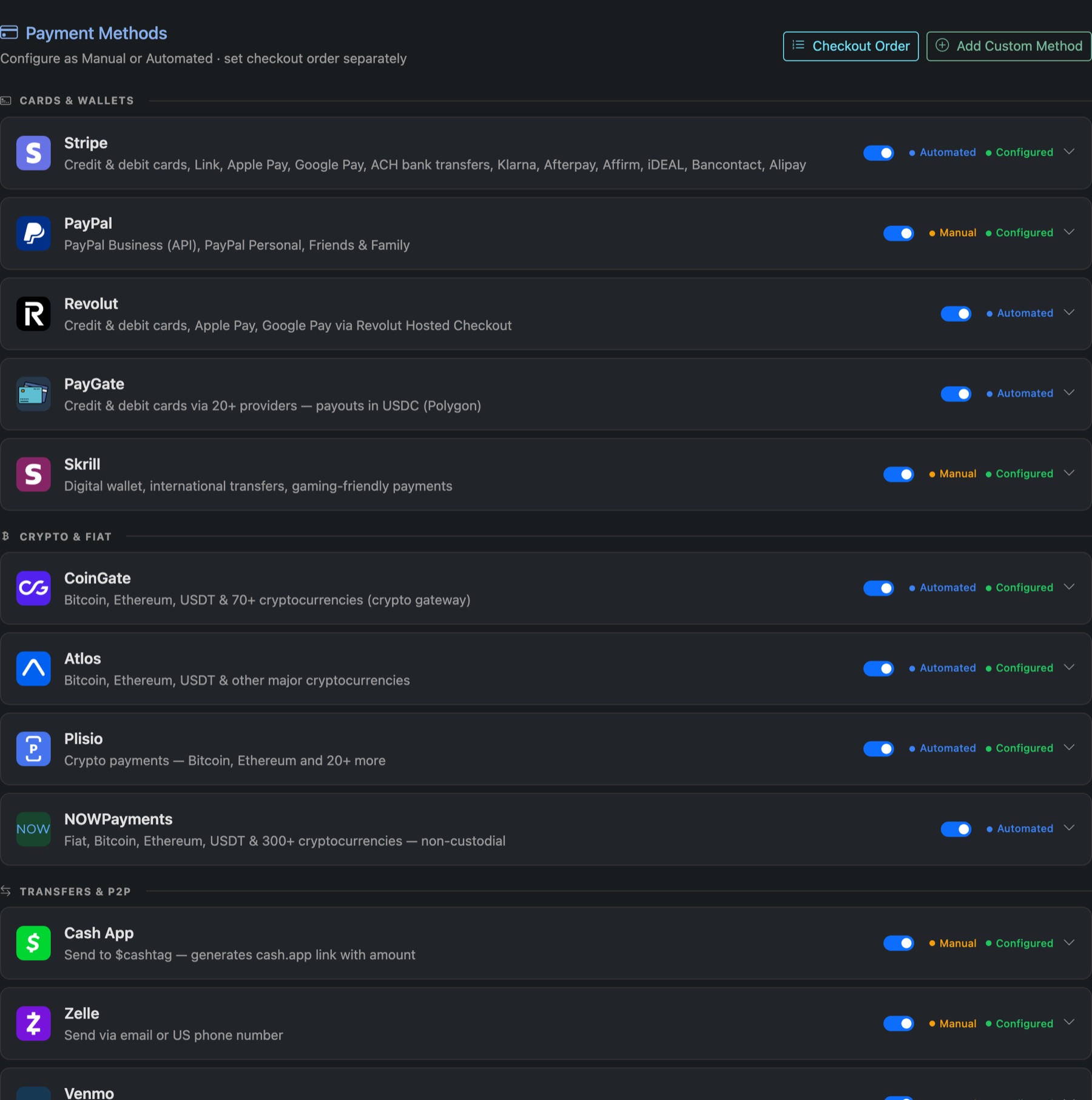 Settings, Payments: each payment method with its switch