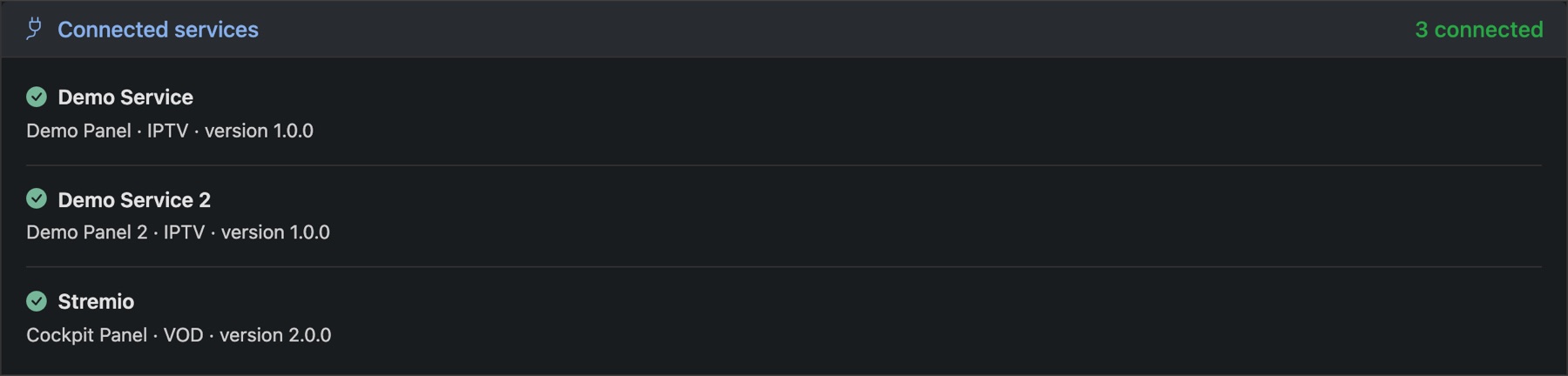 Connected services: each one with its plugin, category and version