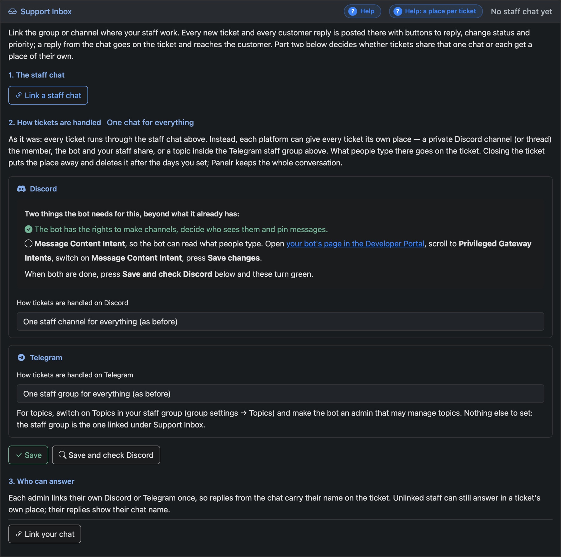 Settings, Bots, Support: link a staff chat and choose how tickets are handled