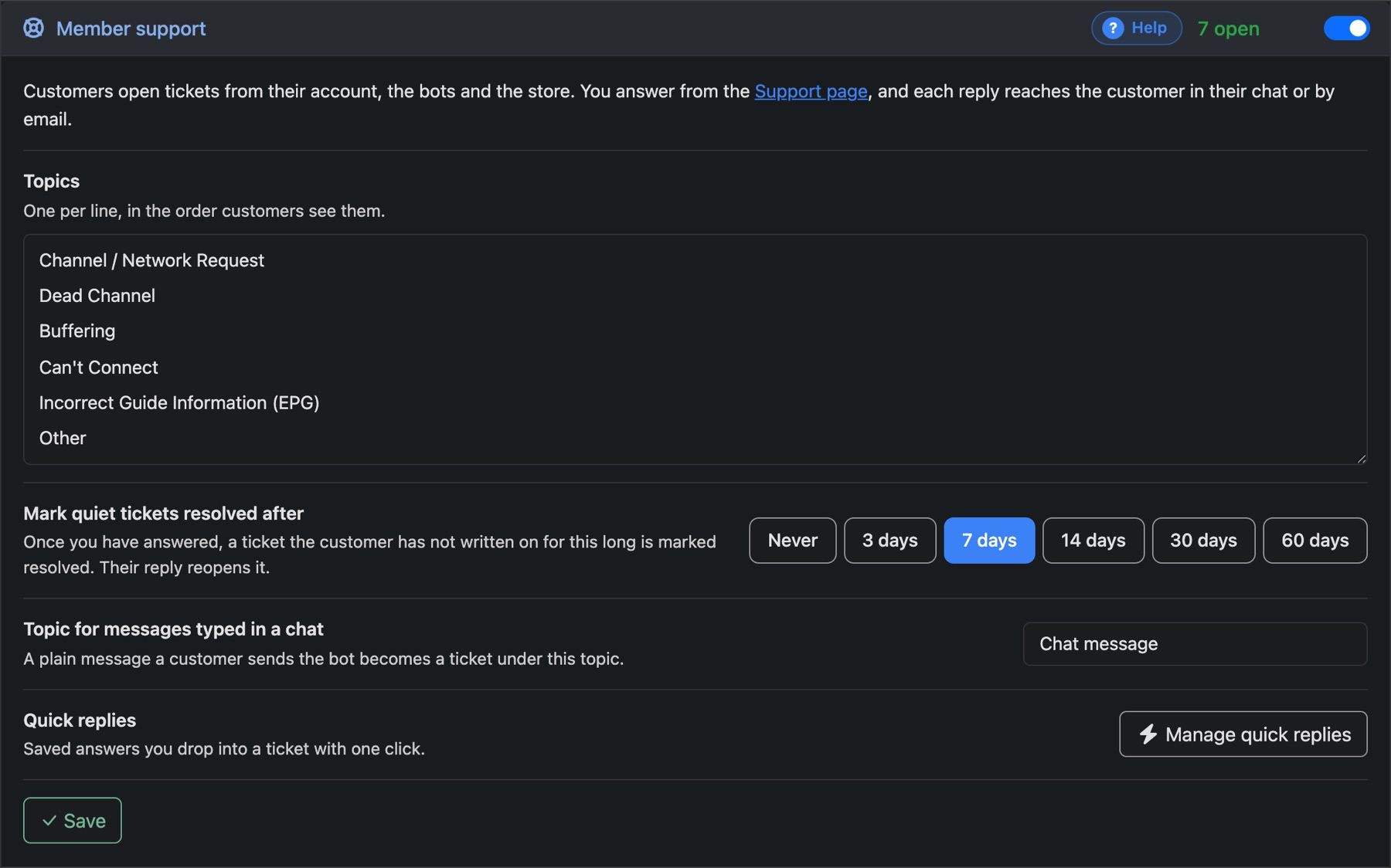 Settings, Support: topics, marking quiet tickets resolved, and the chat topic