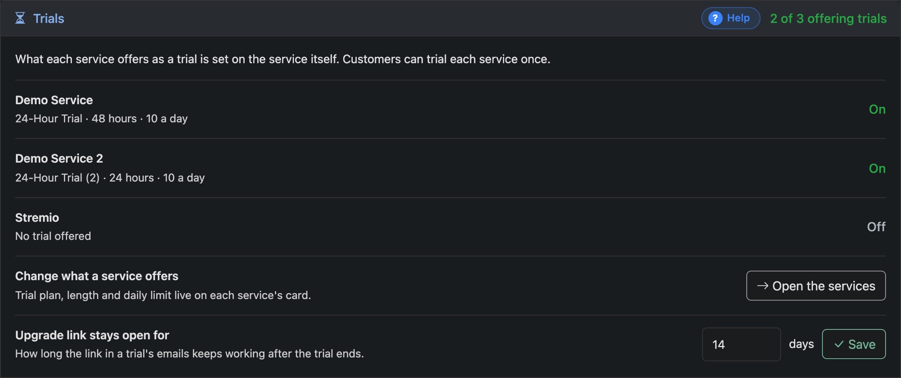 Settings, Trials: each service and what it offers as a trial