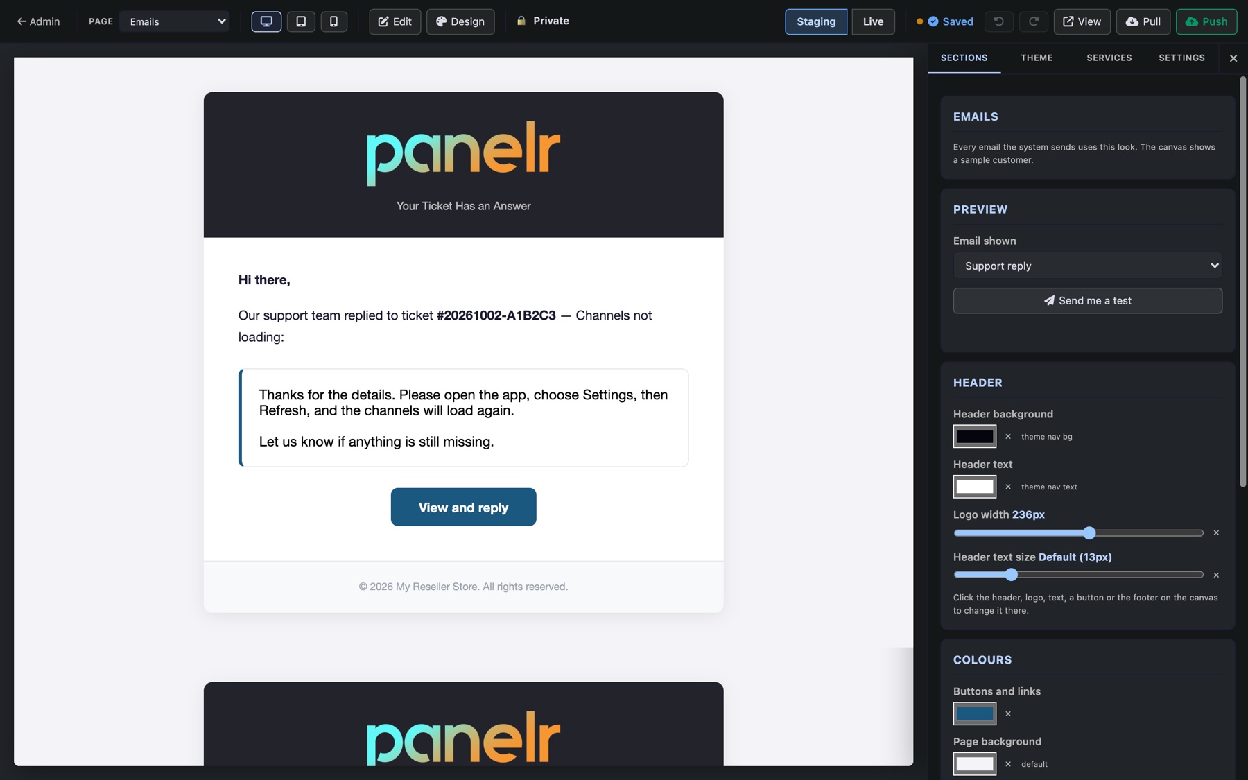 The Emails page: a real email shown with a sample customer, and its header, colours and font on the right