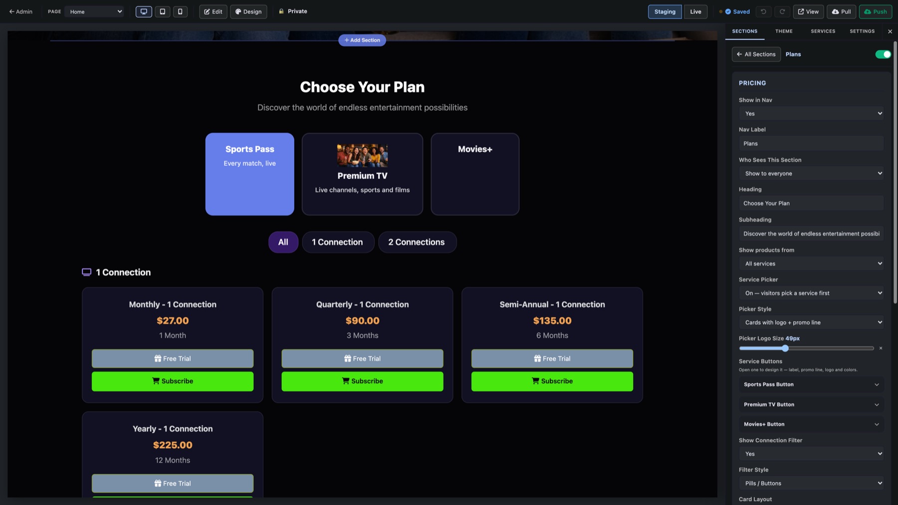 The Plans section open: your real plans and prices on the page, and the section’s options on the right, from the service picker to the connection filter