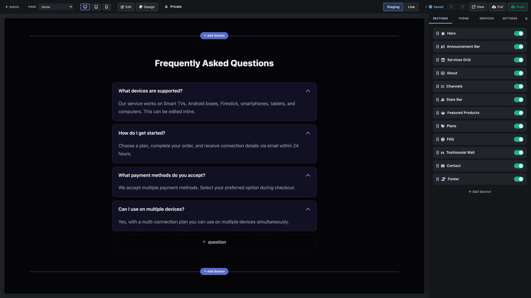 The Sections tab beside the FAQ: every section on the page, a switch to hide each one, and Add Section between sections on the page
