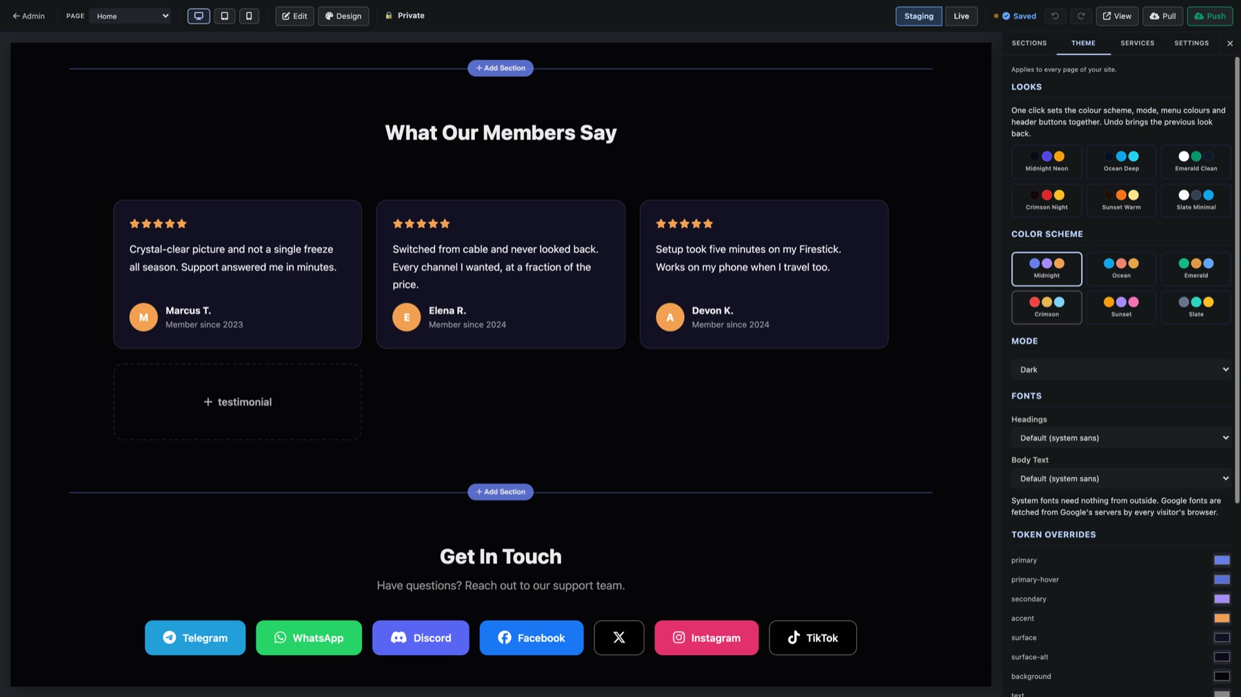 The Theme tab beside the testimonials: six one-click looks, colour schemes, light or dark, fonts and colour overrides