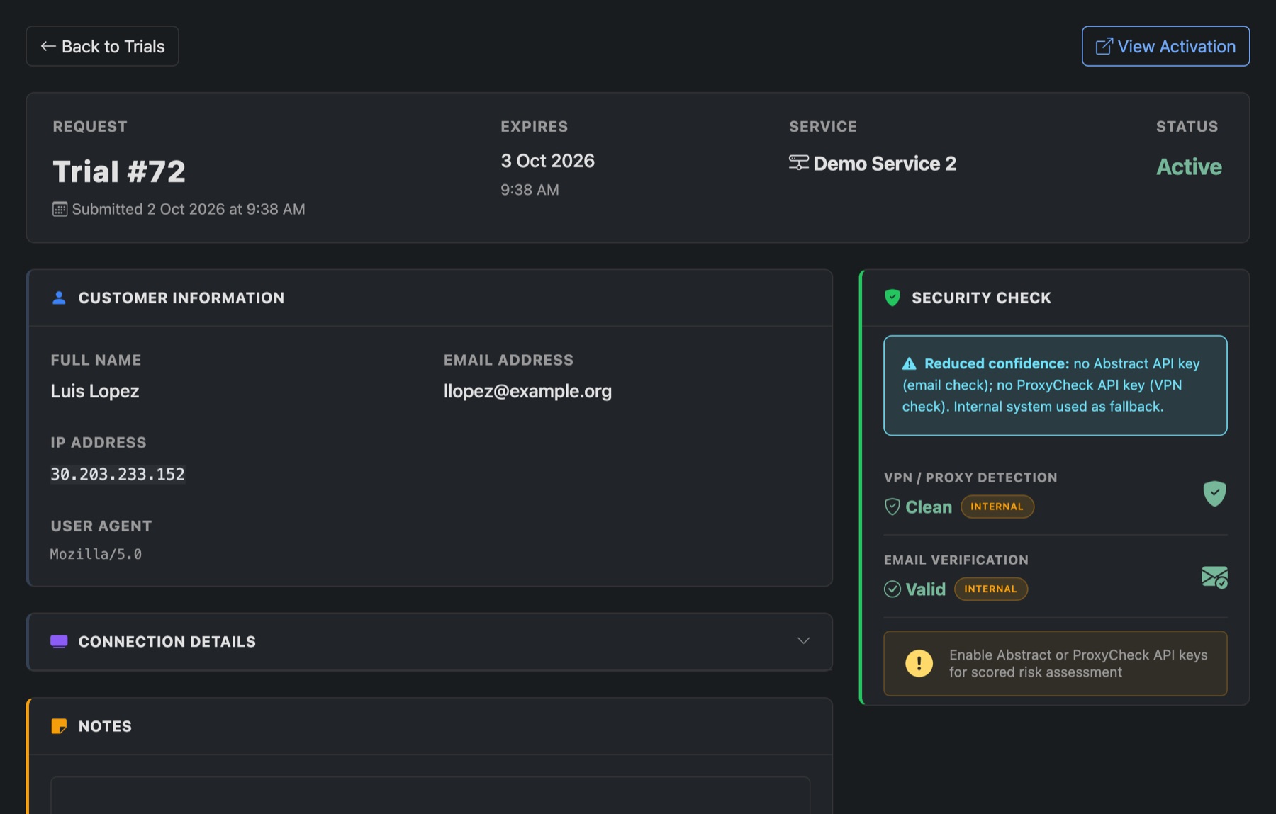 A trial request: service, expiry, customer and the security check